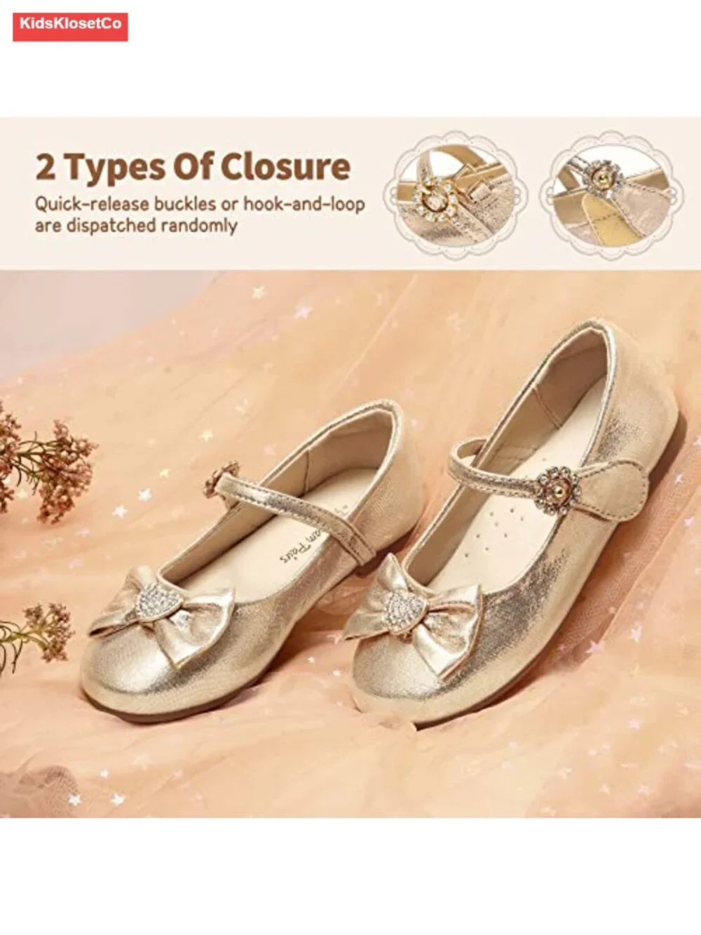 Girls Mary Jane Bow Ballet Flats - Hook & Loop Closure, Lightweight Dress Shoes